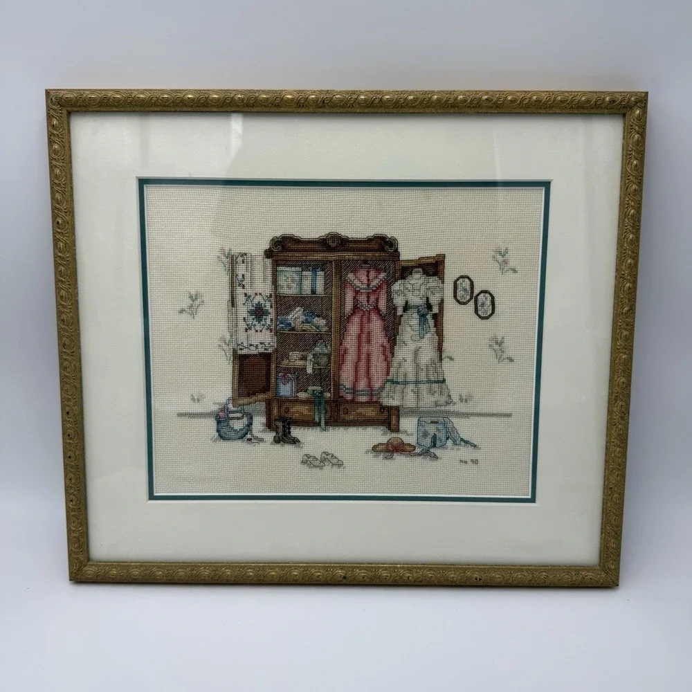 Vtg Embroidered Cross Stitched Wall Art Fashion Victorian Decor Matted Framed